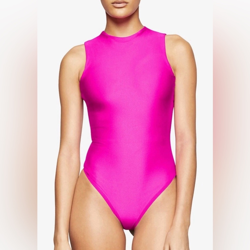 Skims Neon Pink Fuchsia Mock Neck Disco Bodysuit Medium